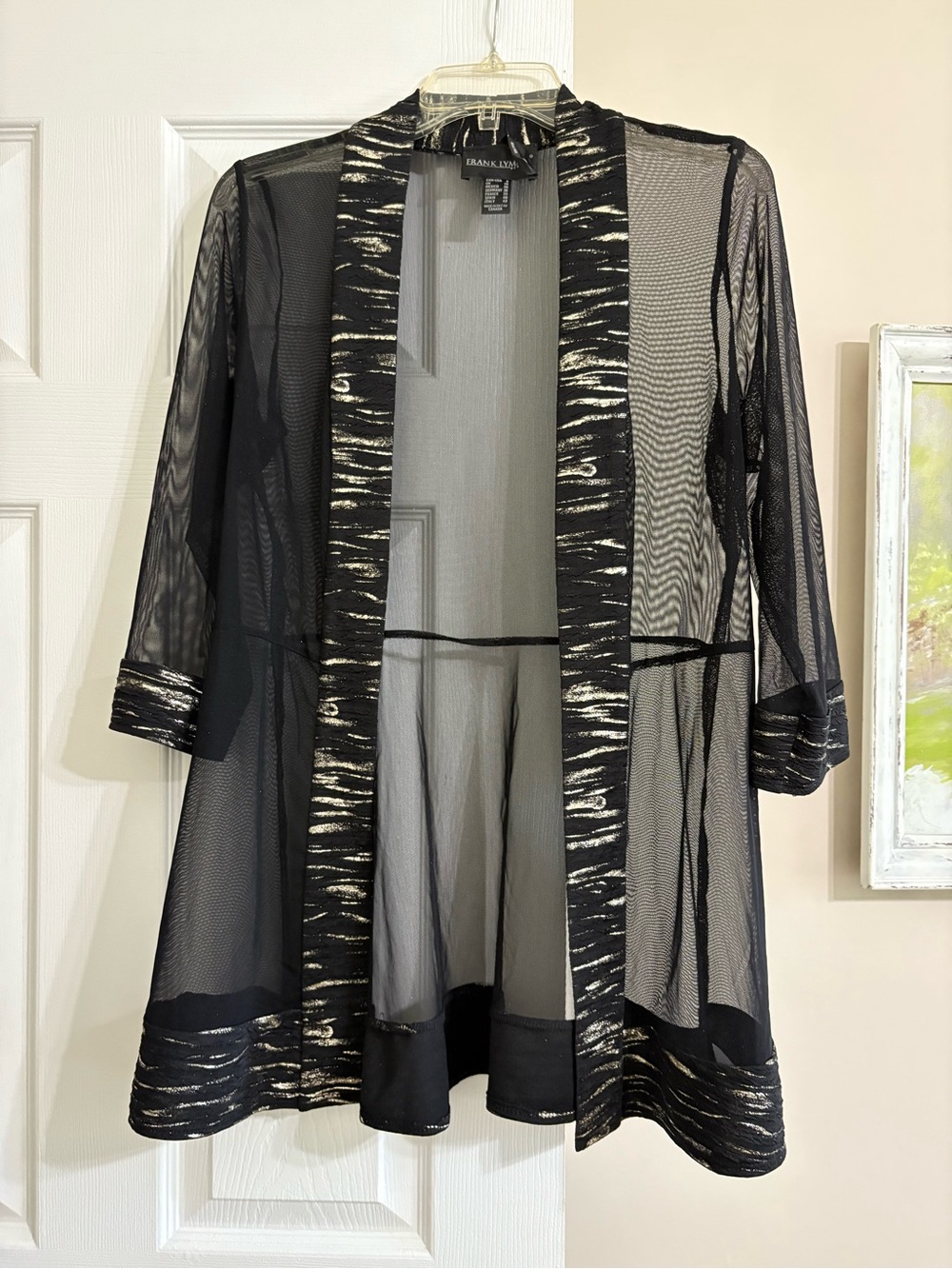 Frank Lyman Design Black Gold Metallic Sheer Mesh Open Front Cardigan size 8